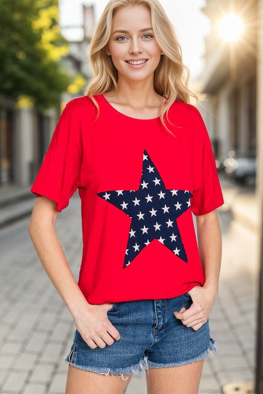 Navy Blue Star and Red Ladies Top