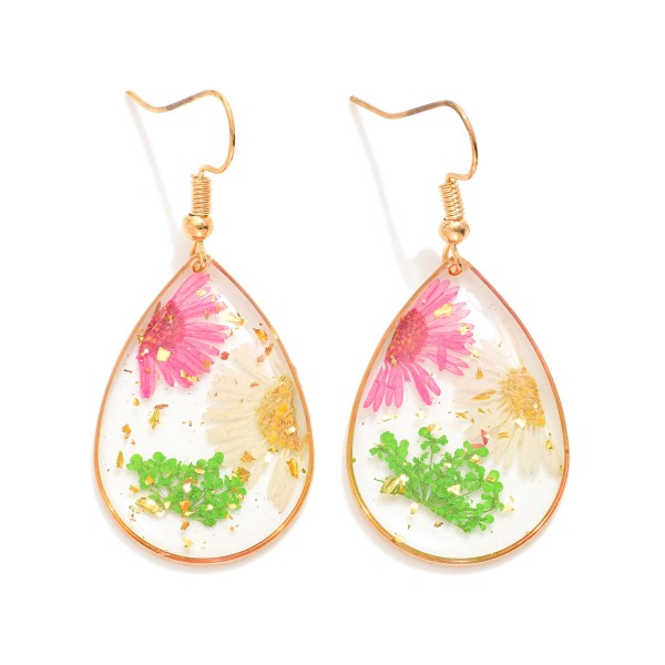Resin Teardrop Floral Earrings
