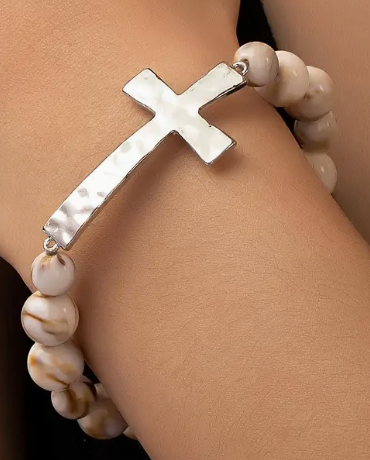 Silver Cross With Natural Bead Bracelet