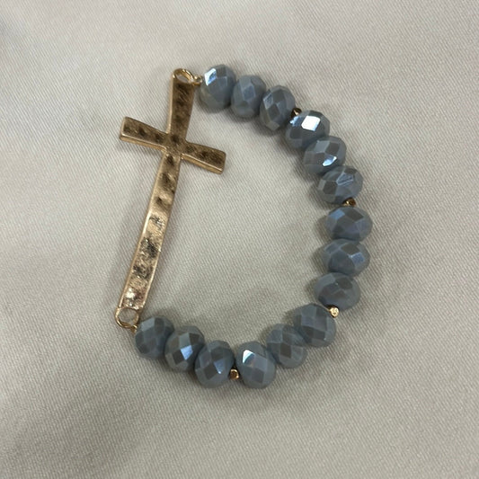 Grey Beaded Gold Cross Bracelet