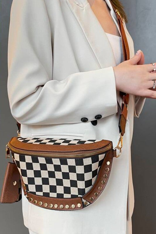 Camel Checkered Stud Bum Bag