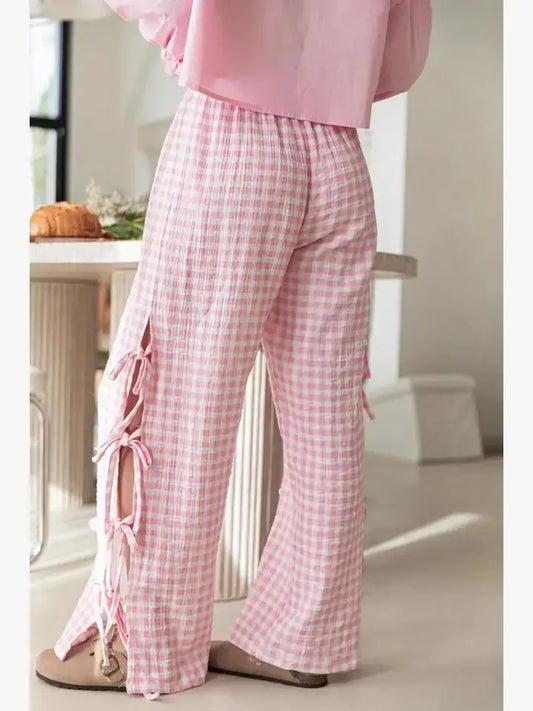 Pink Checked Side Bow Tie Ladies Pants