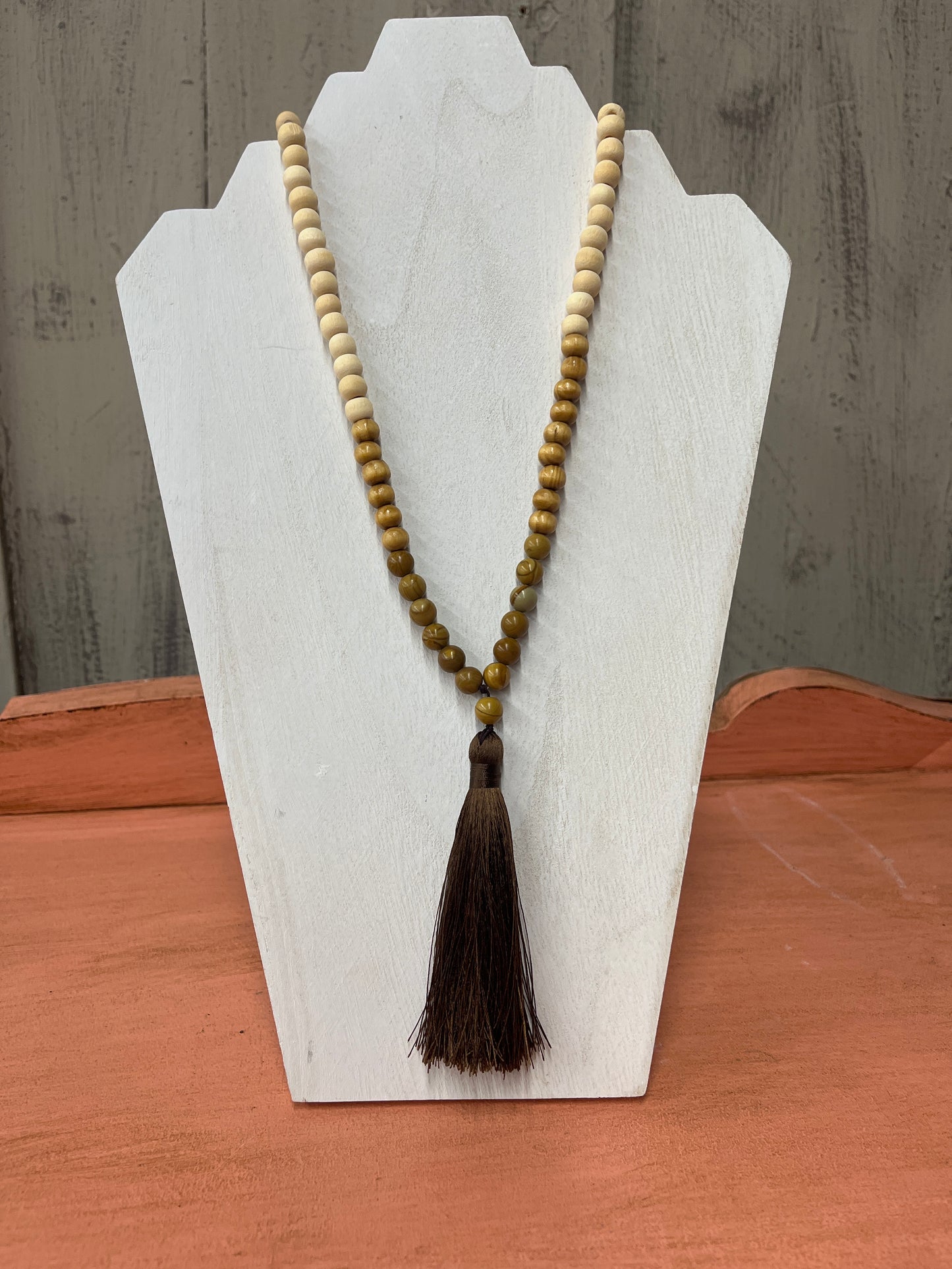 Stone & Wood Beaded Tassel Necklace