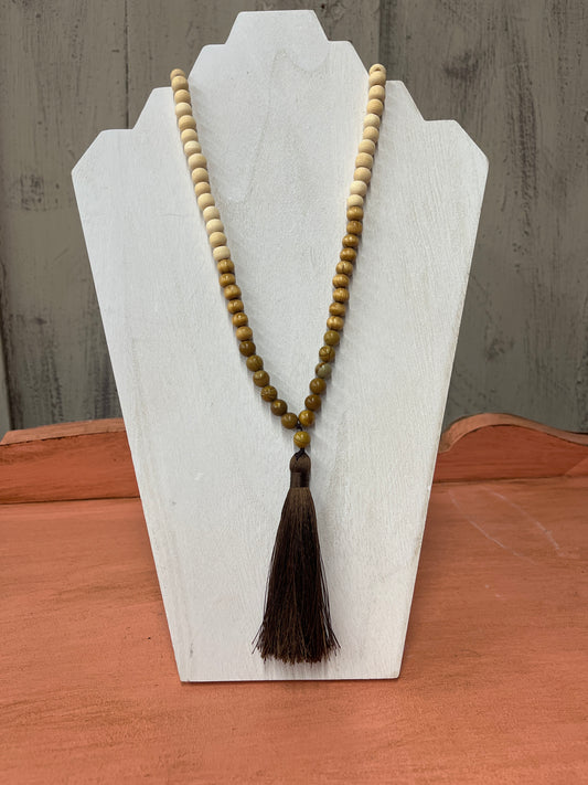 Stone & Wood Beaded Tassel Necklace