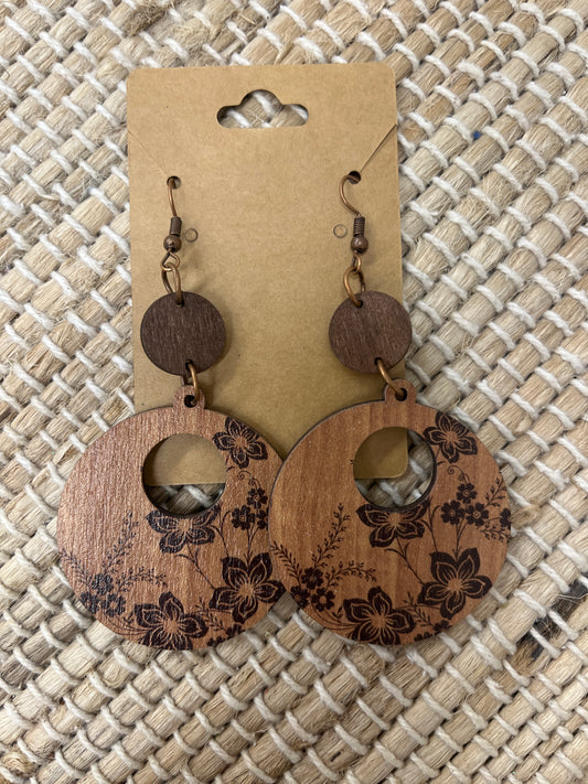 Circular Hallow Wood Flower Earrings