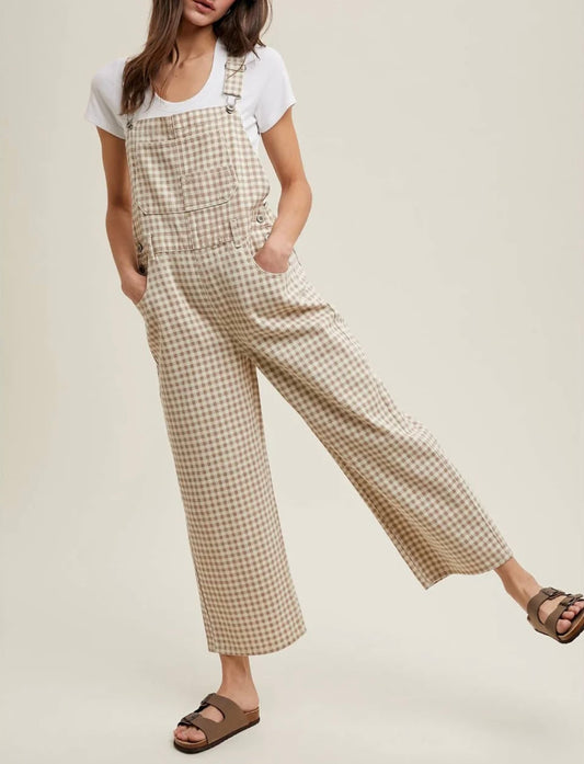 Beige gingham overalls