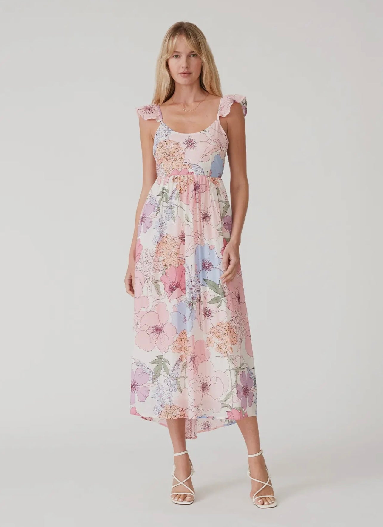 Pastel floral midi dress with flutter cap sleeve