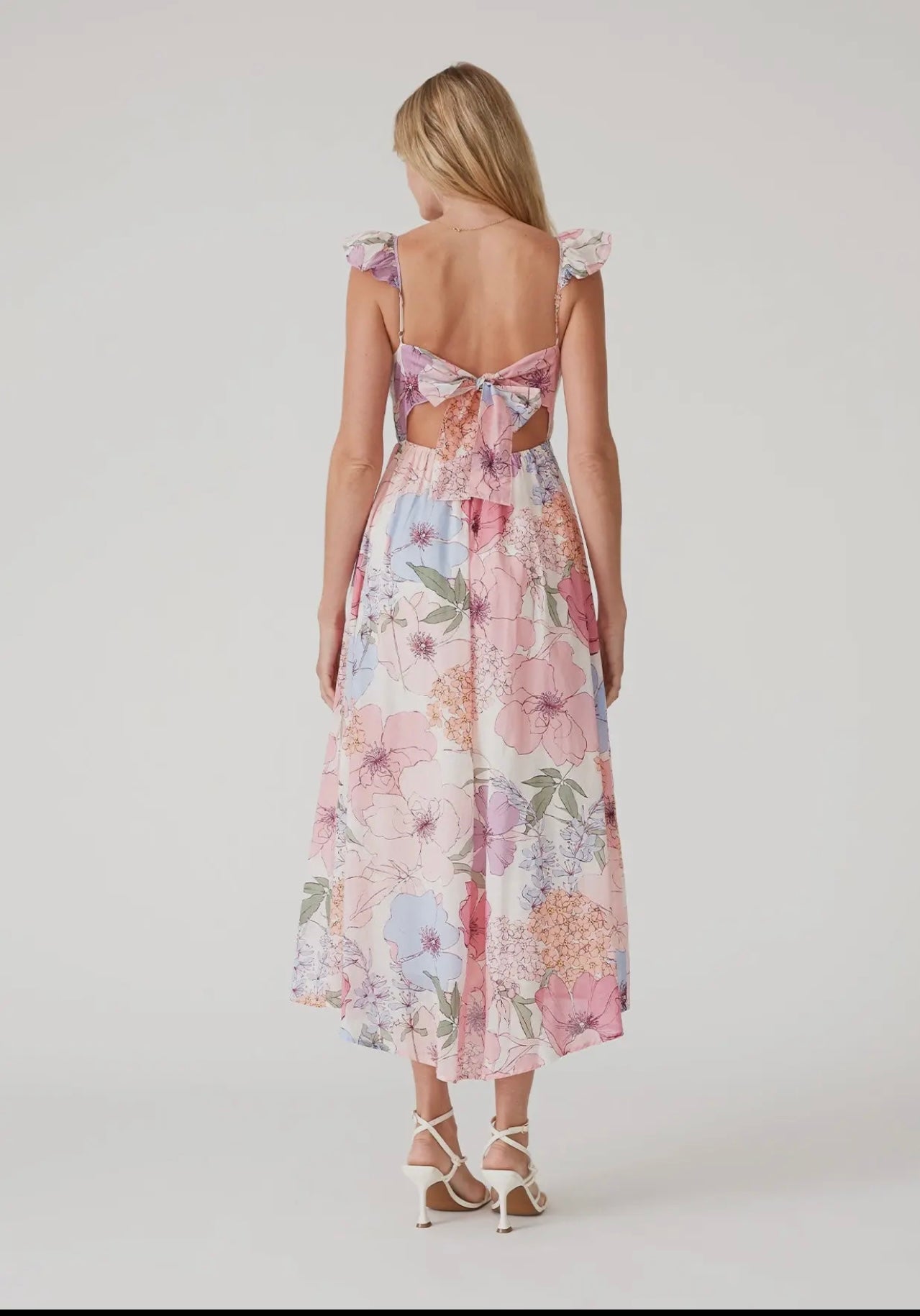 Pastel floral midi dress with flutter cap sleeve