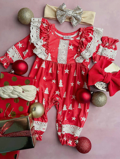 Christmas Tree Lace Trim Romper