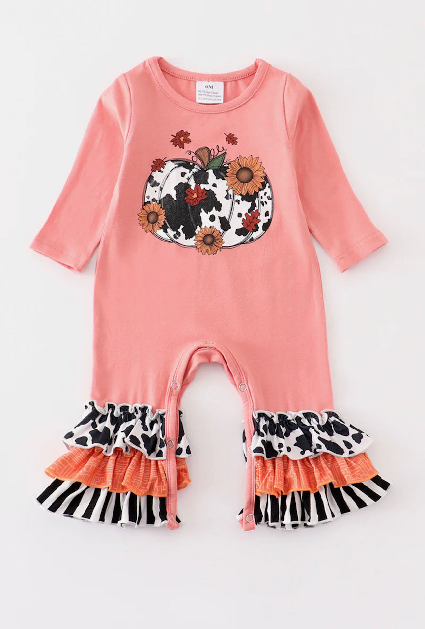 cow print pumpkin romper