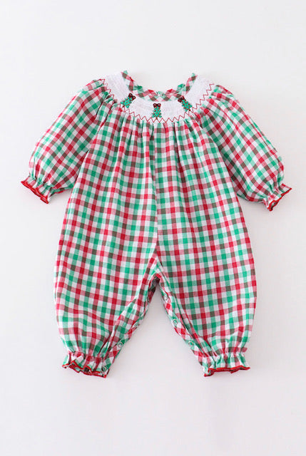 plaid christmas tree smocked romper