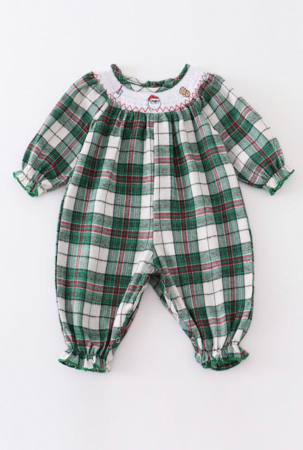 Green Plaid Smocked Santa Romper