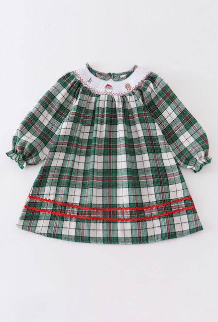 Green Plaid Santa Clause Smocked Dress