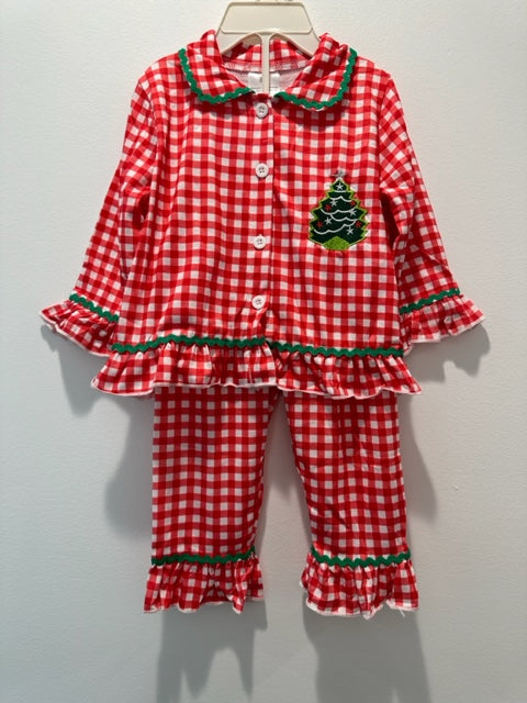 Christmas Tree Gingham Ruffled Pajamas