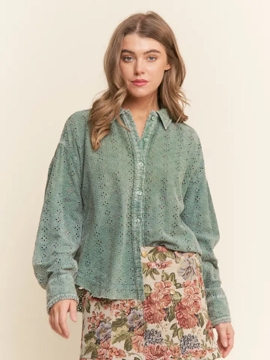 Eyelet Mineral Wash Button Up Ladies Top
