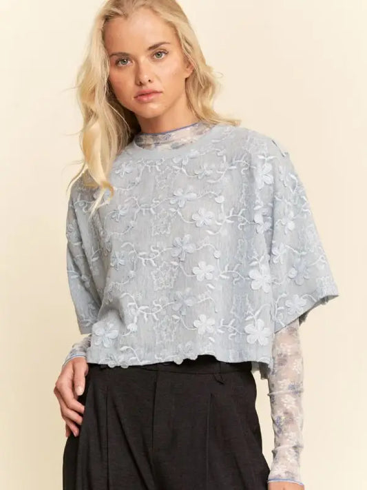 Soft Blue Floral Mesh Top
