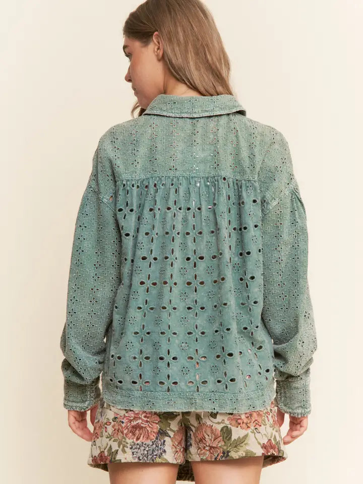 Eyelet Mineral Wash Button Up Ladies Top