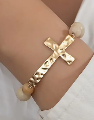 Gold Cross With Natural Beads