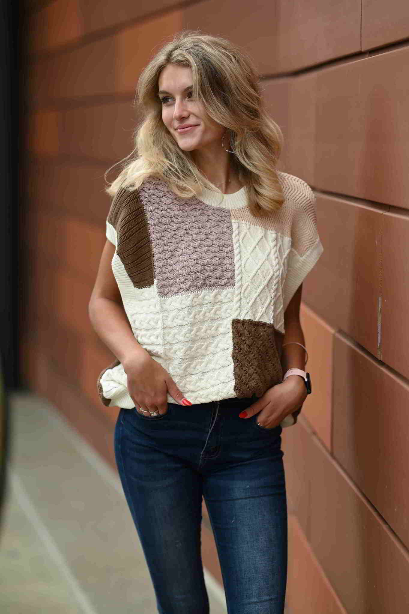 Neutral color blocked sweater vest that is perfect as a transitional piece