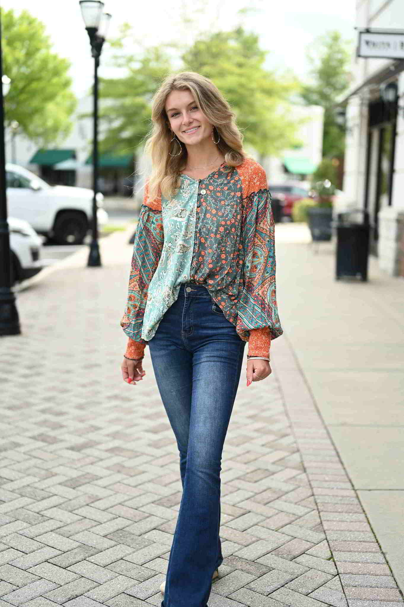 Multi-print long sleeve button down blouse