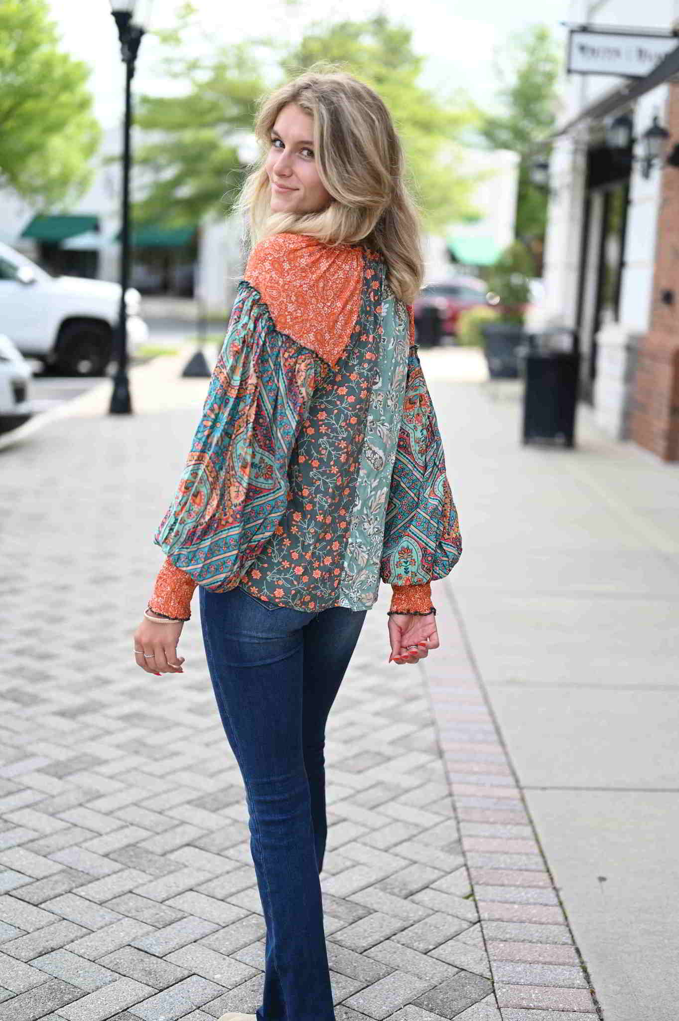 Multi-print long sleeve button down blouse