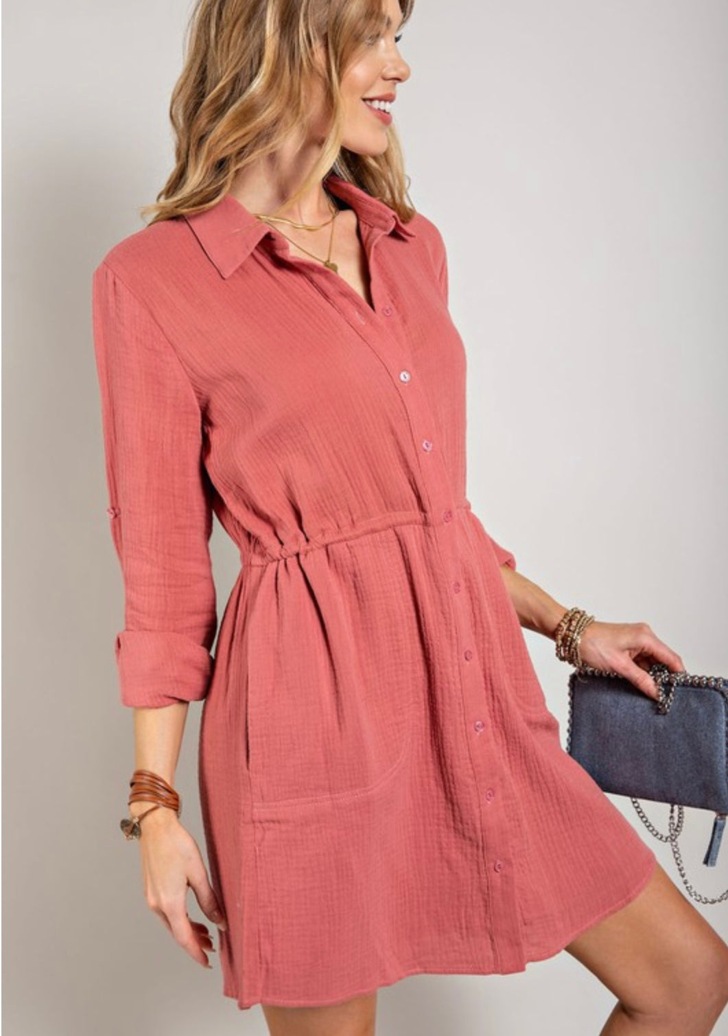 Mauve colored henley style button down dress